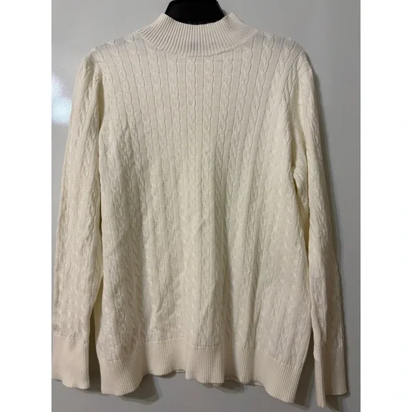 Lands End Ivory Cable Knit Mock Neck Cotton Sweater Womens 1X 100% Cotton Classi - Picture 1 of 5